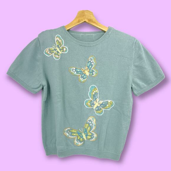 American VINTAGE SMALL 80's Butterfly Embroidered Knit Sweater Short Sleeve - Picture 2 of 9